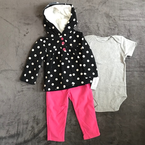 Carter's Other - CARTER’S 3-Piece Fleece Hoodie Set Polka Dot Black White Pink Size 18 Months NWT